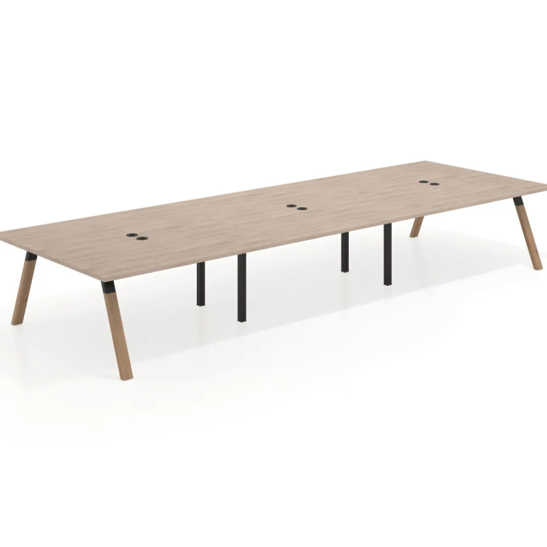 Mesa de oficina coworking triple UvePro fondo 166, cantos rectos, estructura negra/madera