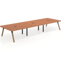 Mesa de oficina coworking triple UvePro fondo 166, cantos rectos, estructura negra/madera