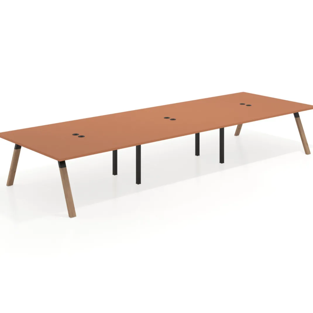 Mesa de oficina coworking triple UvePro fondo 166, cantos rectos, estructura negra/madera