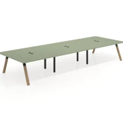 Mesa de oficina coworking triple UvePro fondo 166, cantos rectos, estructura negra/madera