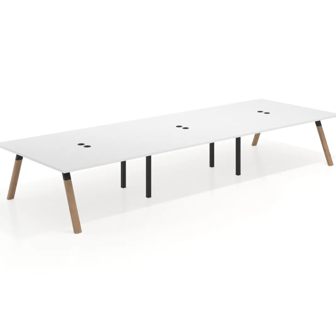 Mesa de oficina coworking triple UvePro fondo 166, cantos rectos, estructura negra/madera