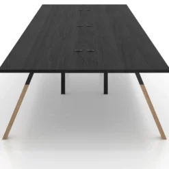Mesa de oficina coworking triple UvePro fondo 166, cantos rectos, estructura negra/madera
