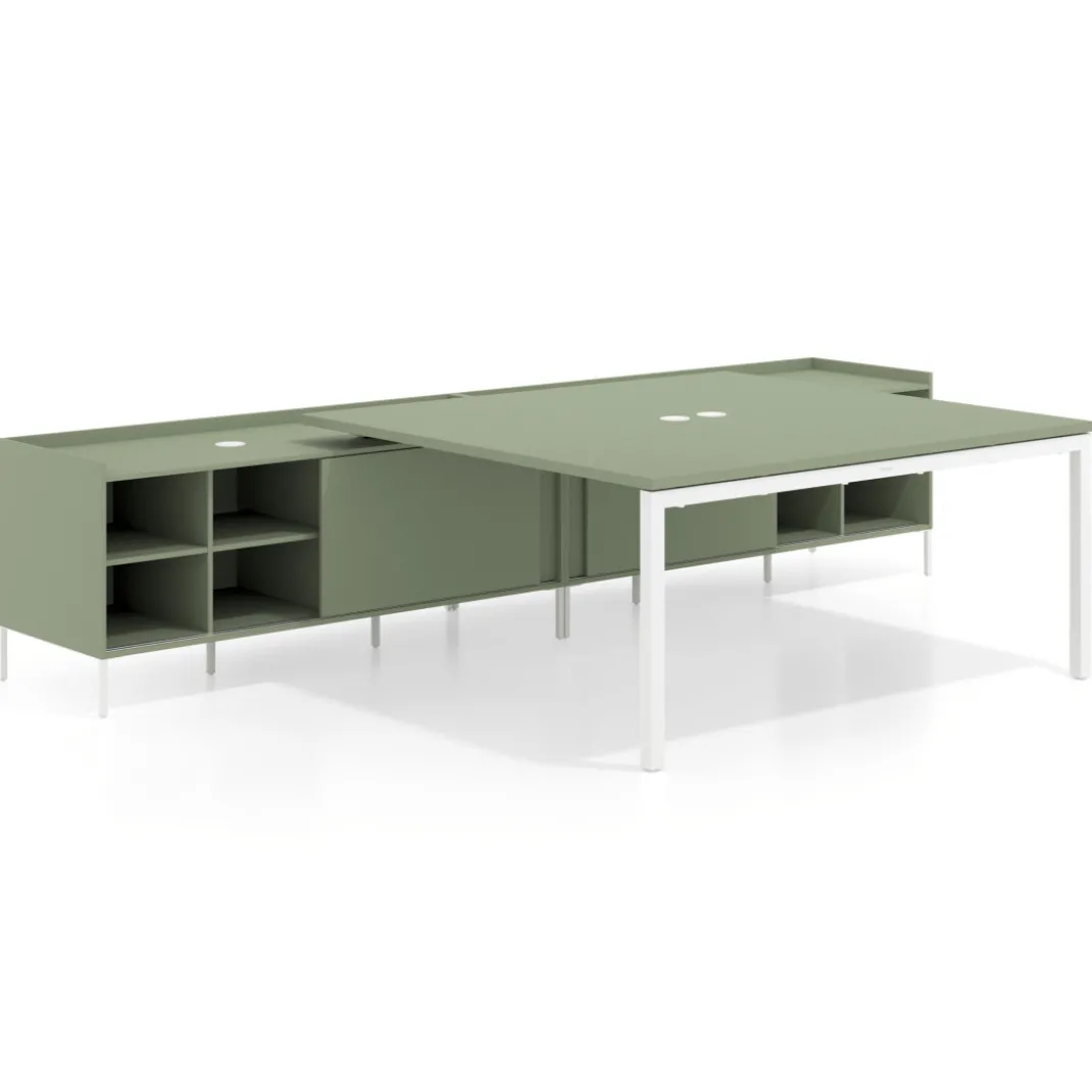 Mesa de oficina doble con pedestal estantes Kube, encimera única, estructura blanca