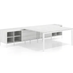 Mesa de oficina doble con pedestal estantes Kube, encimera única, estructura blanca