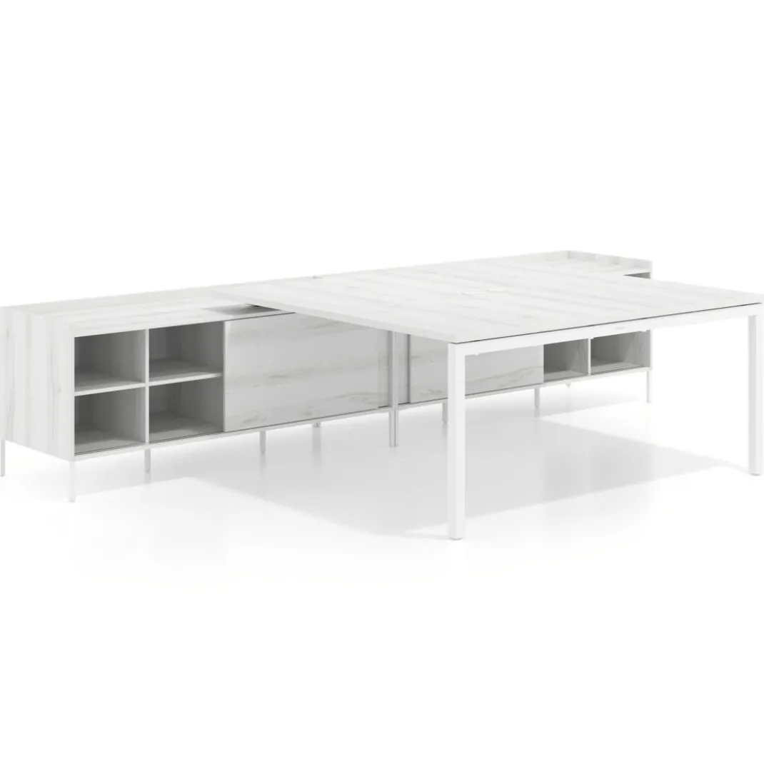 Mesa de oficina doble con pedestal estantes Kube, encimera única, estructura blanca