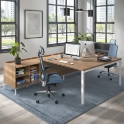 Mesa de oficina doble con pedestal estantes Kube, encimera única, estructura blanca