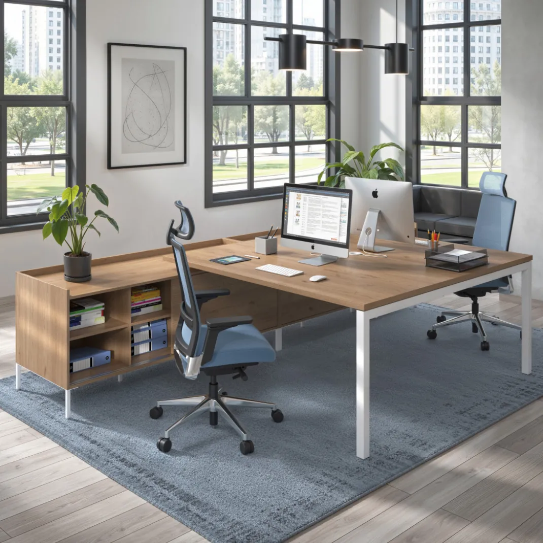 Mesa de oficina doble con pedestal estantes Kube, encimera única, estructura blanca