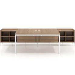 Mesa de oficina doble con pedestal estantes Kube, encimera única, estructura blanca