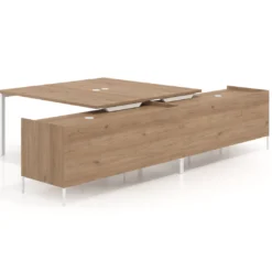 Mesa de oficina doble con pedestal estantes Kube, encimera única, estructura blanca