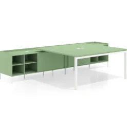 Mesa de oficina doble con pedestal estantes Kube, encimera única, estructura blanca