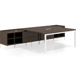 Mesa de oficina doble con pedestal estantes Kube, encimera única, estructura blanca