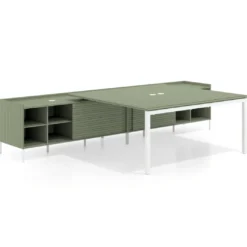 Mesa de oficina doble con pedestal estantes Kube, encimera única, estructura blanca