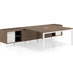 Mesa de oficina doble con pedestal cajonera Kube, encimera única, estructura blanca