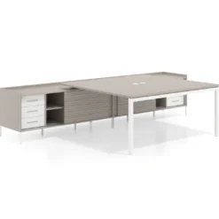 Mesa de oficina doble con pedestal cajonera Kube, encimera única, estructura blanca