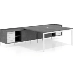 Mesa de oficina doble con pedestal cajonera Kube, encimera única, estructura blanca