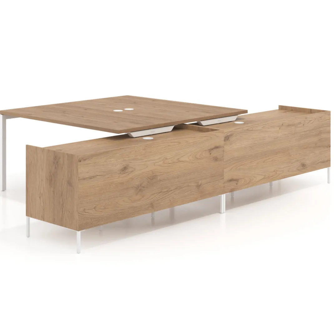 Mesa de oficina doble con pedestal cajonera Kube, encimera única, estructura blanca