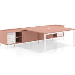 Mesa de oficina doble con pedestal cajonera Kube, encimera única, estructura blanca