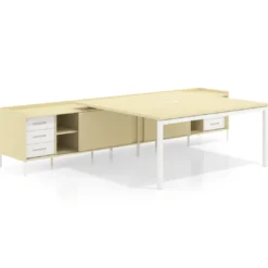 Mesa de oficina doble con pedestal cajonera Kube, encimera única, estructura blanca