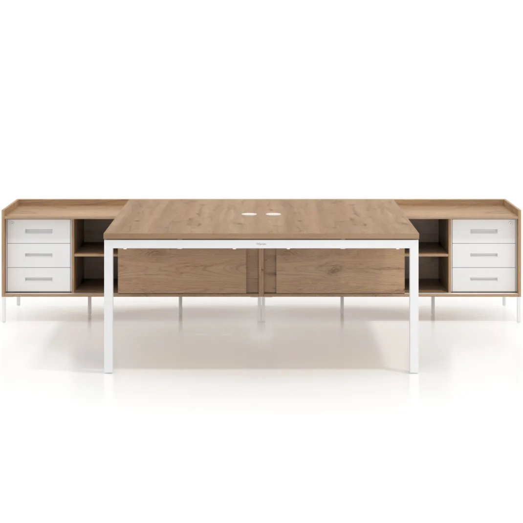 Mesa de oficina doble con pedestal cajonera Kube, encimera única, estructura blanca