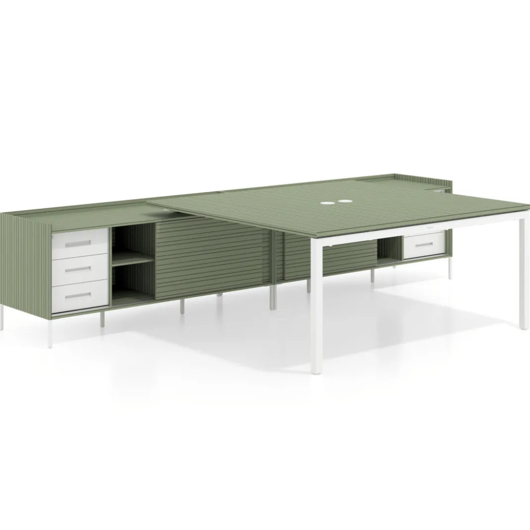 Mesa de oficina doble con pedestal cajonera Kube, encimera única, estructura blanca