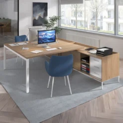Mesa de oficina doble con pedestal cajonera Kube, encimera única, estructura blanca