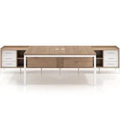 Mesa de oficina doble con pedestal cajonera Kube, encimera única, estructura blanca