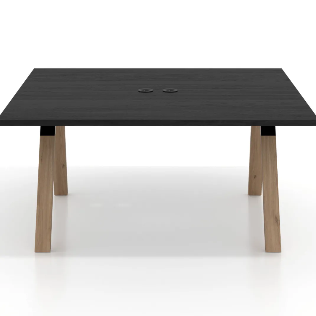 Mesa de oficina doble UvePro fondo 142, cantos rectos, estructura negra/madera