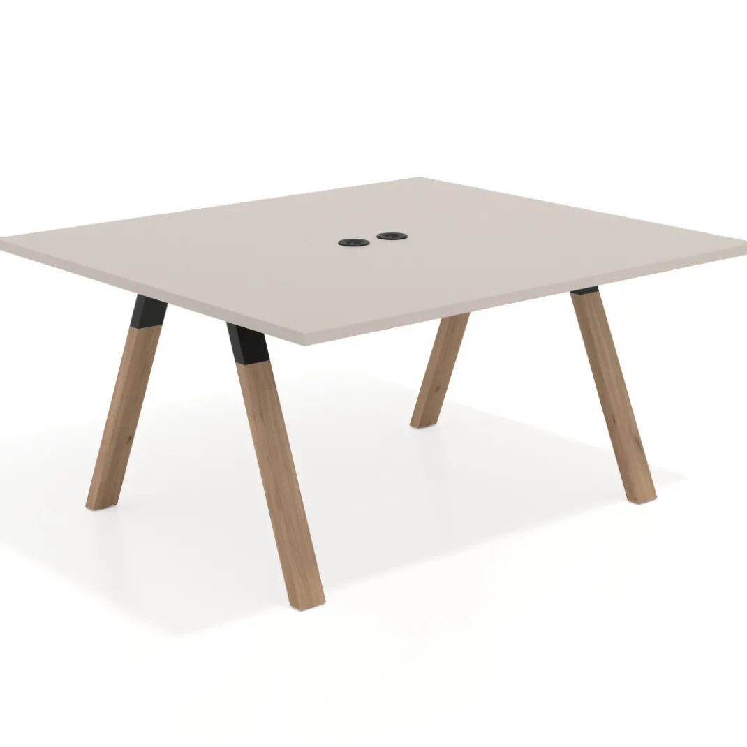Mesa de oficina doble UvePro fondo 142, cantos rectos, estructura negra/madera