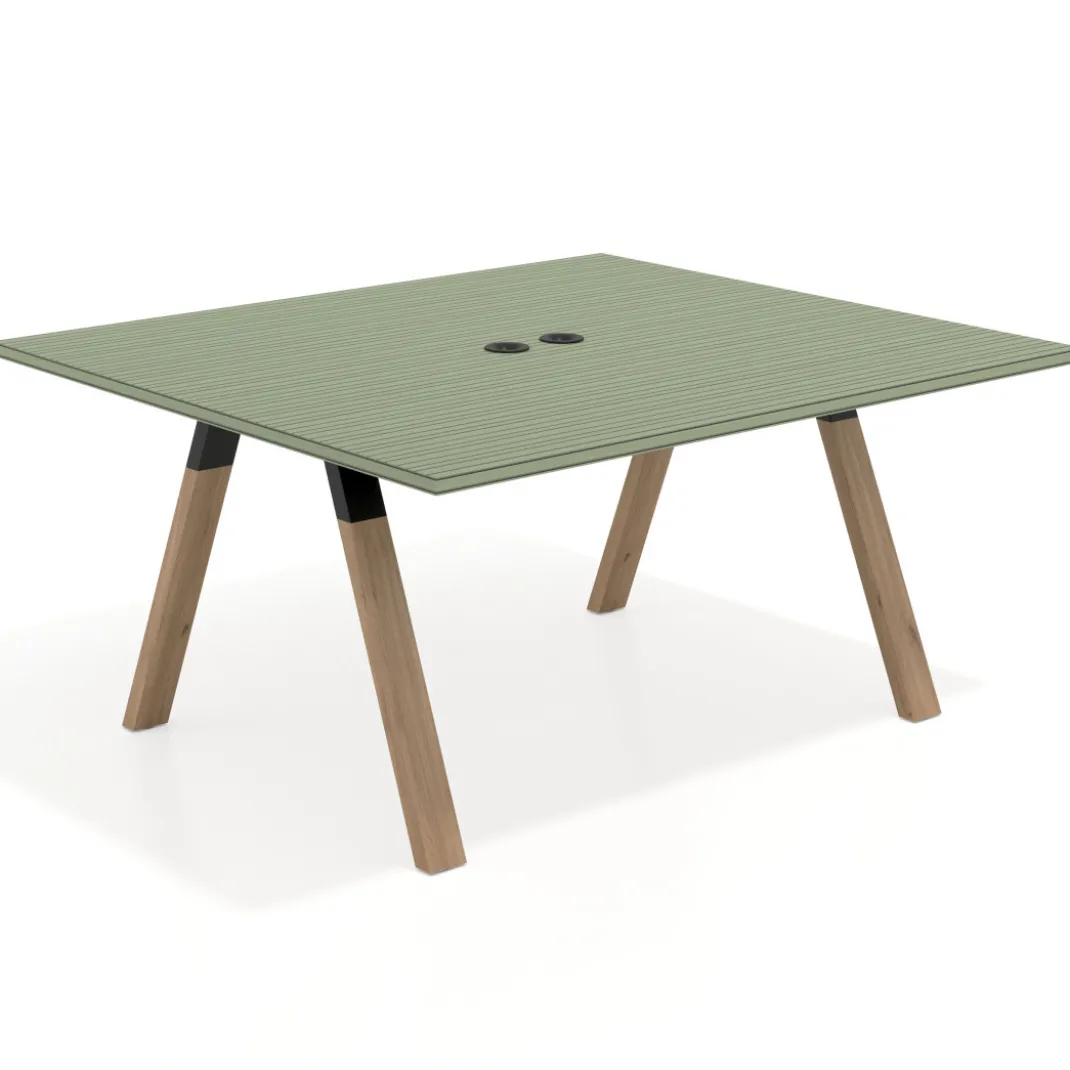 Mesa de oficina doble UvePro fondo 142, cantos rectos, estructura negra/madera