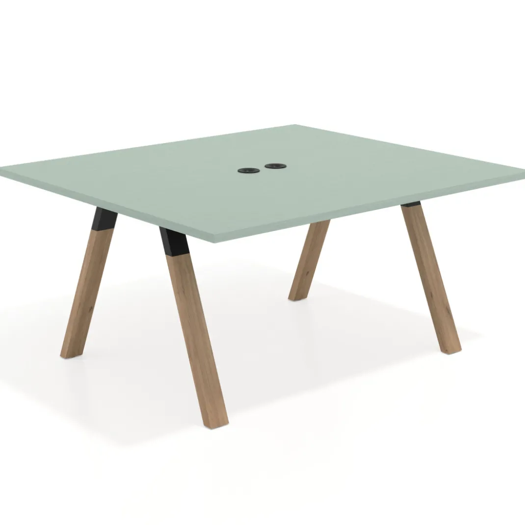 Mesa de oficina doble UvePro fondo 142, cantos rectos, estructura negra/madera