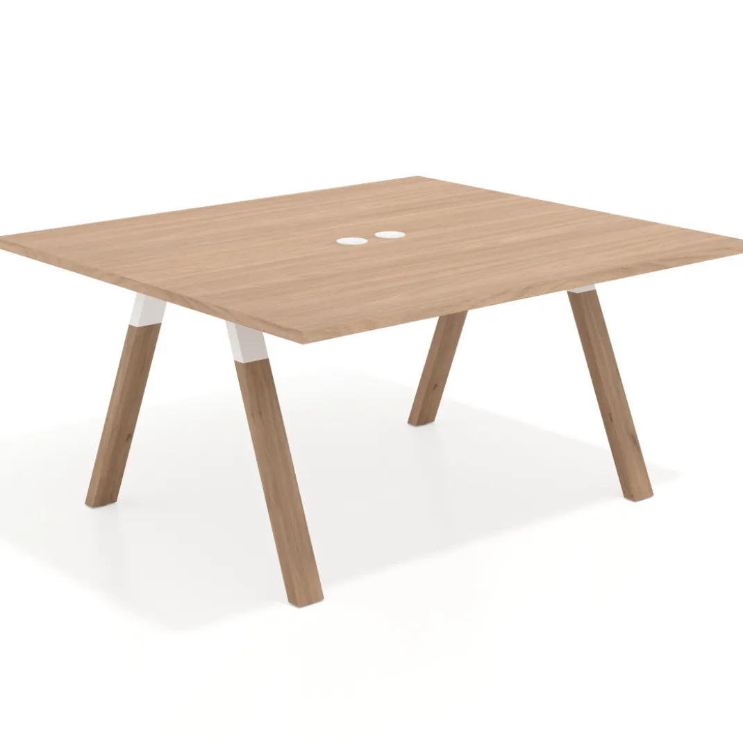Mesa de oficina doble UvePro fondo 142, cantos rectos, estructura blanca/madera
