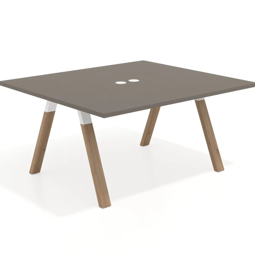 Mesa de oficina doble UvePro fondo 142, cantos rectos, estructura blanca/madera