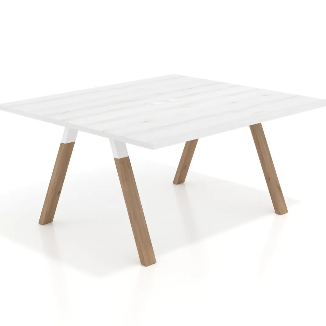 Mesa de oficina doble UvePro fondo 142, cantos rectos, estructura blanca/madera