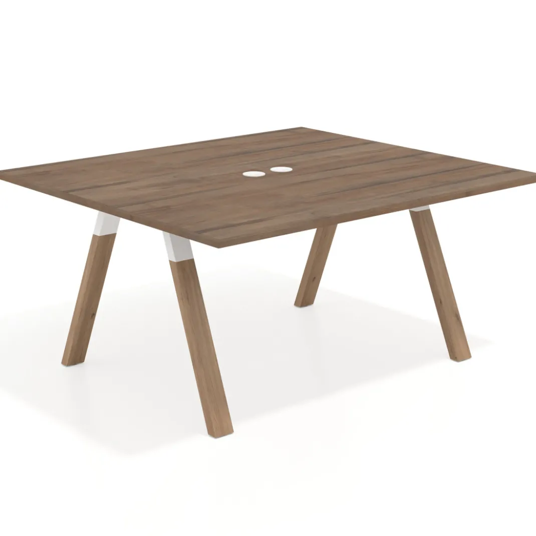 Mesa de oficina doble UvePro fondo 142, cantos rectos, estructura blanca/madera