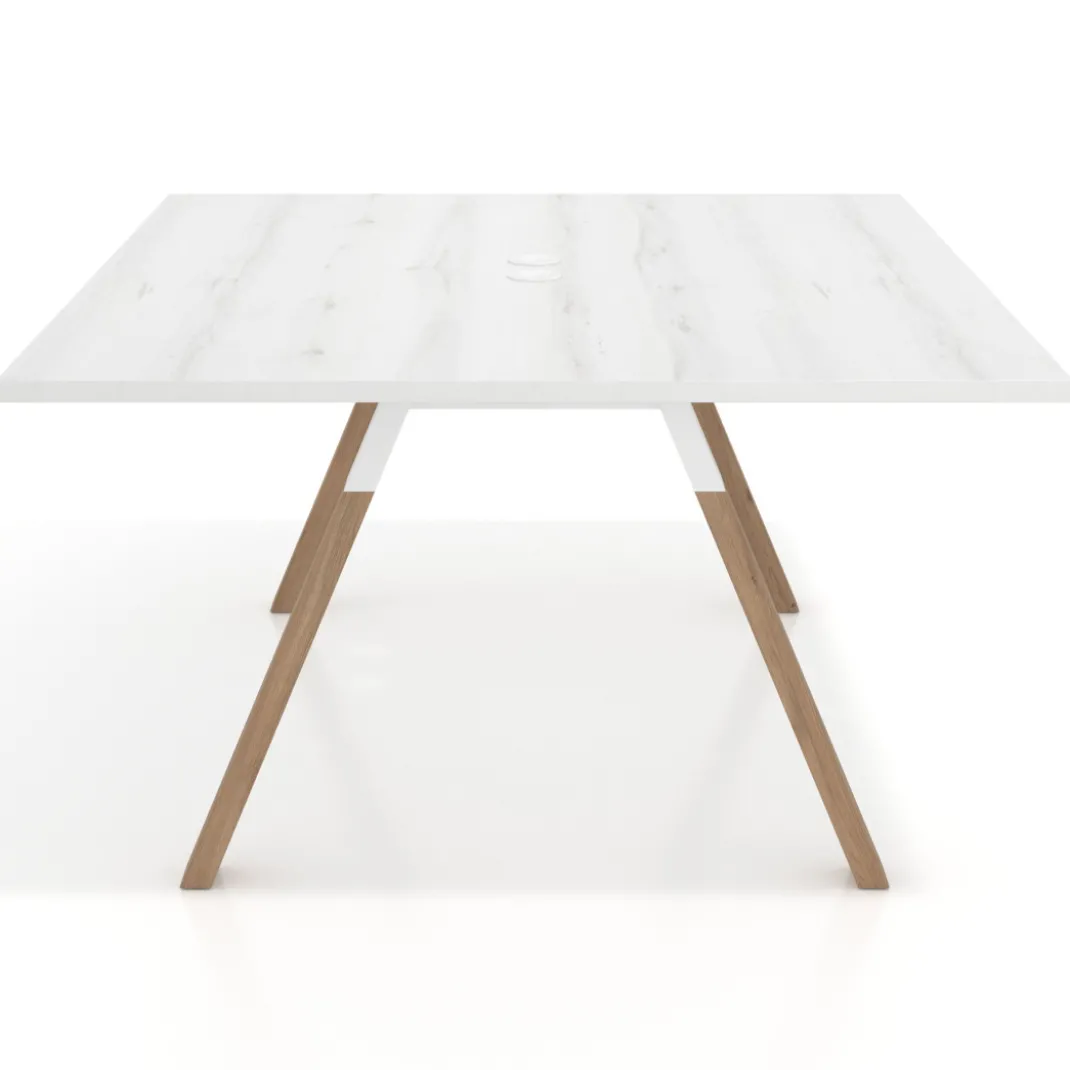 Mesa de oficina doble UvePro fondo 142, cantos rectos, estructura blanca/madera