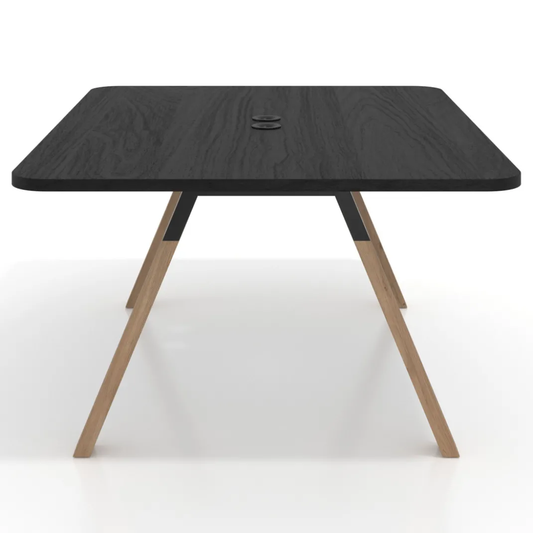 Mesa de oficina doble UvePro fondo 126, cantos redondeados, estructura negra/madera