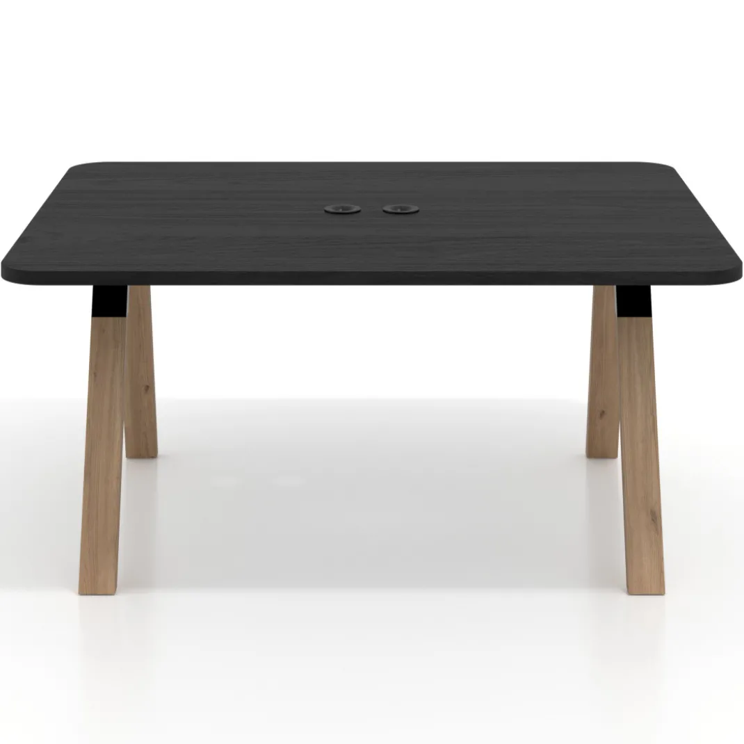 Mesa de oficina doble UvePro fondo 126, cantos redondeados, estructura negra/madera