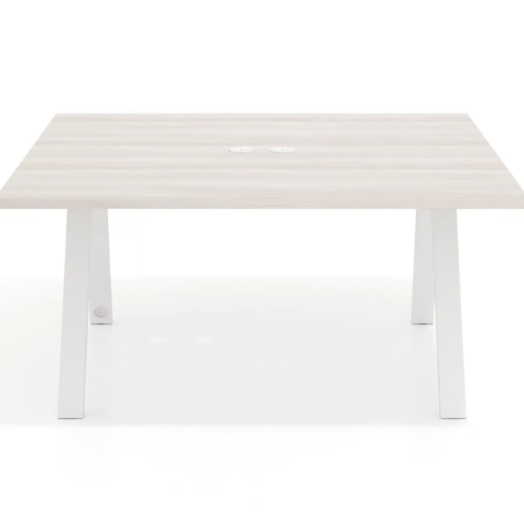 Mesa de oficina doble UvePro fondo 142, cantos rectos, estructura blanca