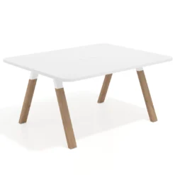 Mesa de oficina doble UvePro fondo 126, cantos redondeados, estructura blanca/madera