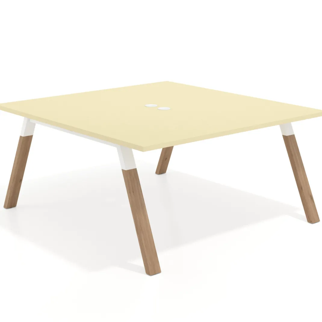 Mesa de oficina doble UvePro fondo 166, cantos rectos, estructura blanca/madera