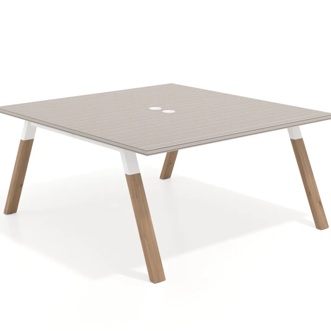 Mesa de oficina doble UvePro fondo 166, cantos rectos, estructura blanca/madera