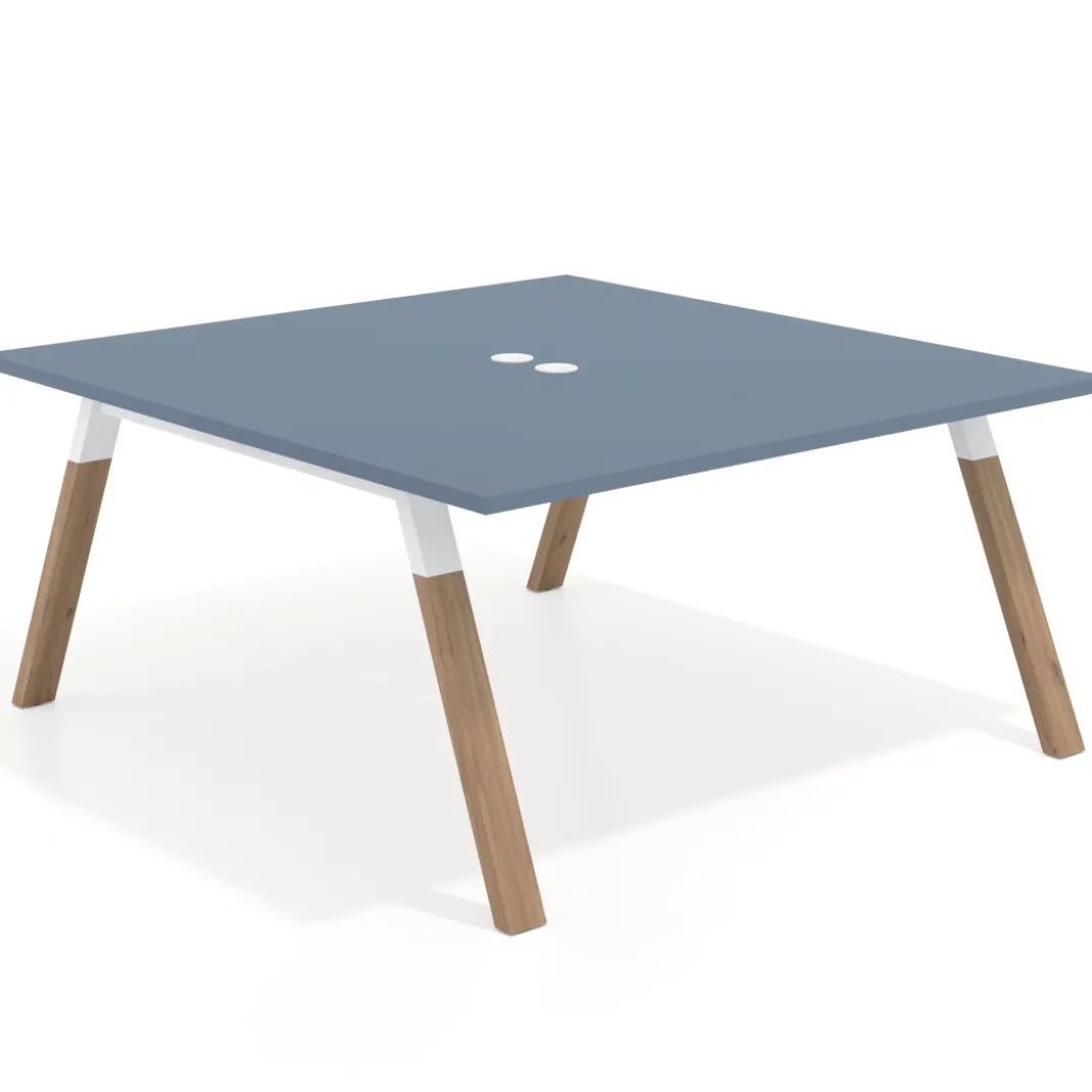 Mesa de oficina doble UvePro fondo 166, cantos rectos, estructura blanca/madera