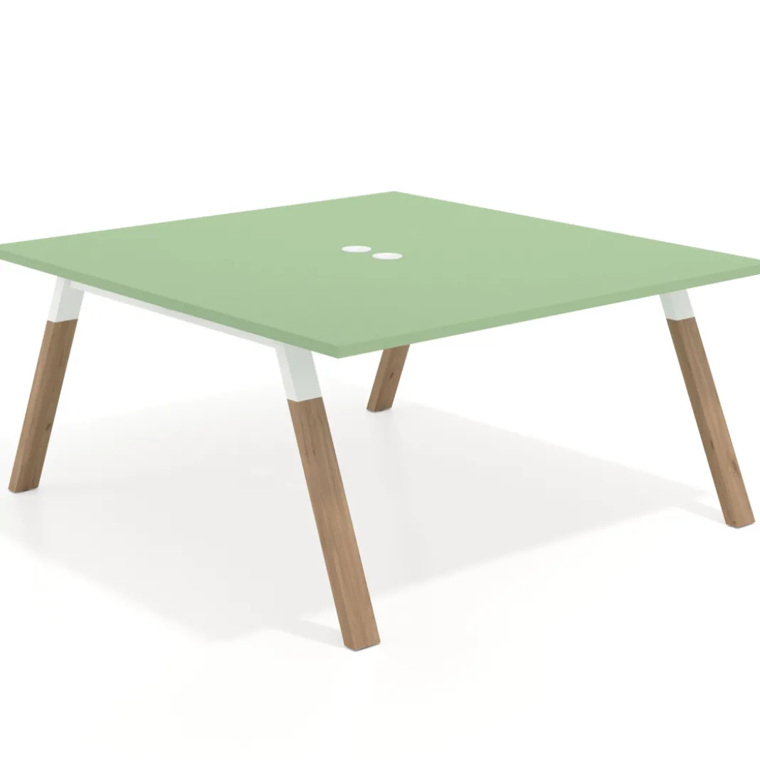 Mesa de oficina doble UvePro fondo 166, cantos rectos, estructura blanca/madera
