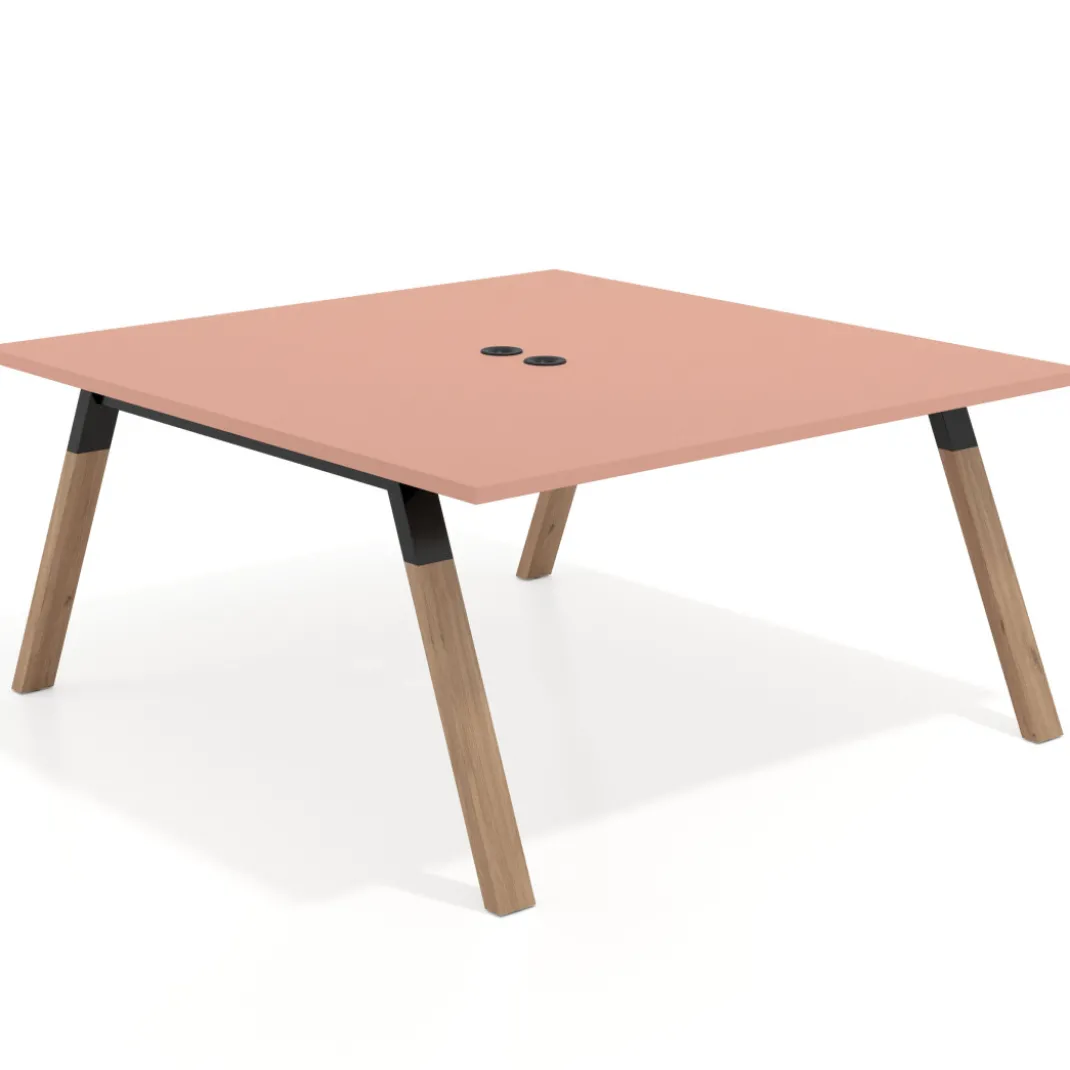 Mesa de oficina doble UvePro fondo 166, cantos rectos, estructura negra/madera