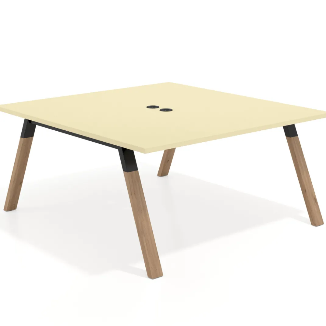 Mesa de oficina doble UvePro fondo 166, cantos rectos, estructura negra/madera