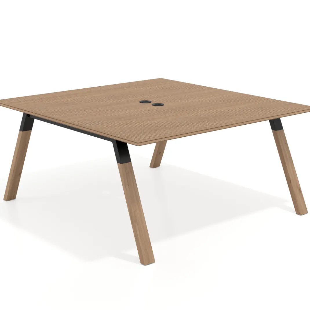 Mesa de oficina doble UvePro fondo 166, cantos rectos, estructura negra/madera