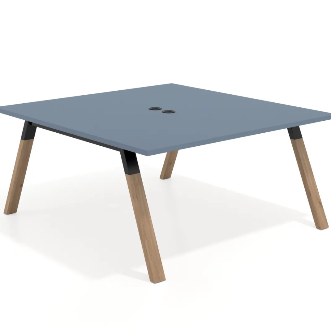 Mesa de oficina doble UvePro fondo 166, cantos rectos, estructura negra/madera