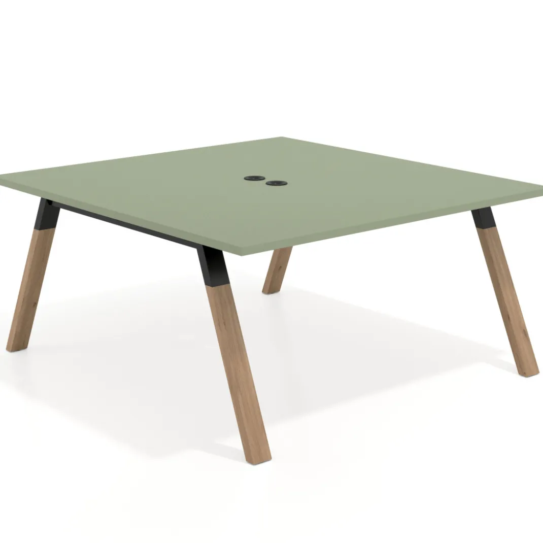 Mesa de oficina doble UvePro fondo 166, cantos rectos, estructura negra/madera