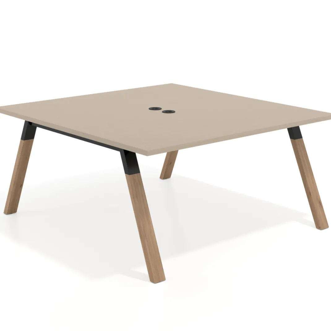 Mesa de oficina doble UvePro fondo 166, cantos rectos, estructura negra/madera