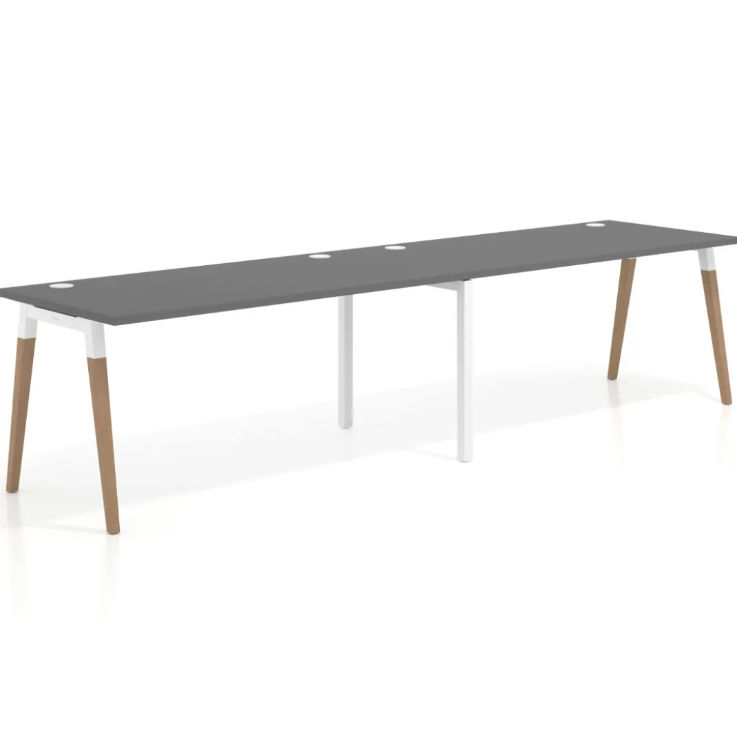 Mesa de oficina en continuidad Arki doble, patas de madera, fondo 80cm